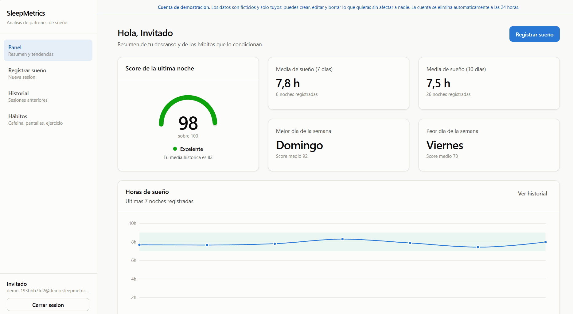 Pantalla de SleepMetrics con el score de sueño de la noche